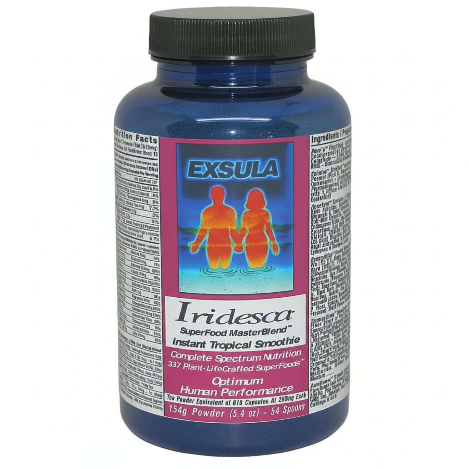Exsula Iridesca Complete Superfood bottle featuring superfood blend for optimum human performance.