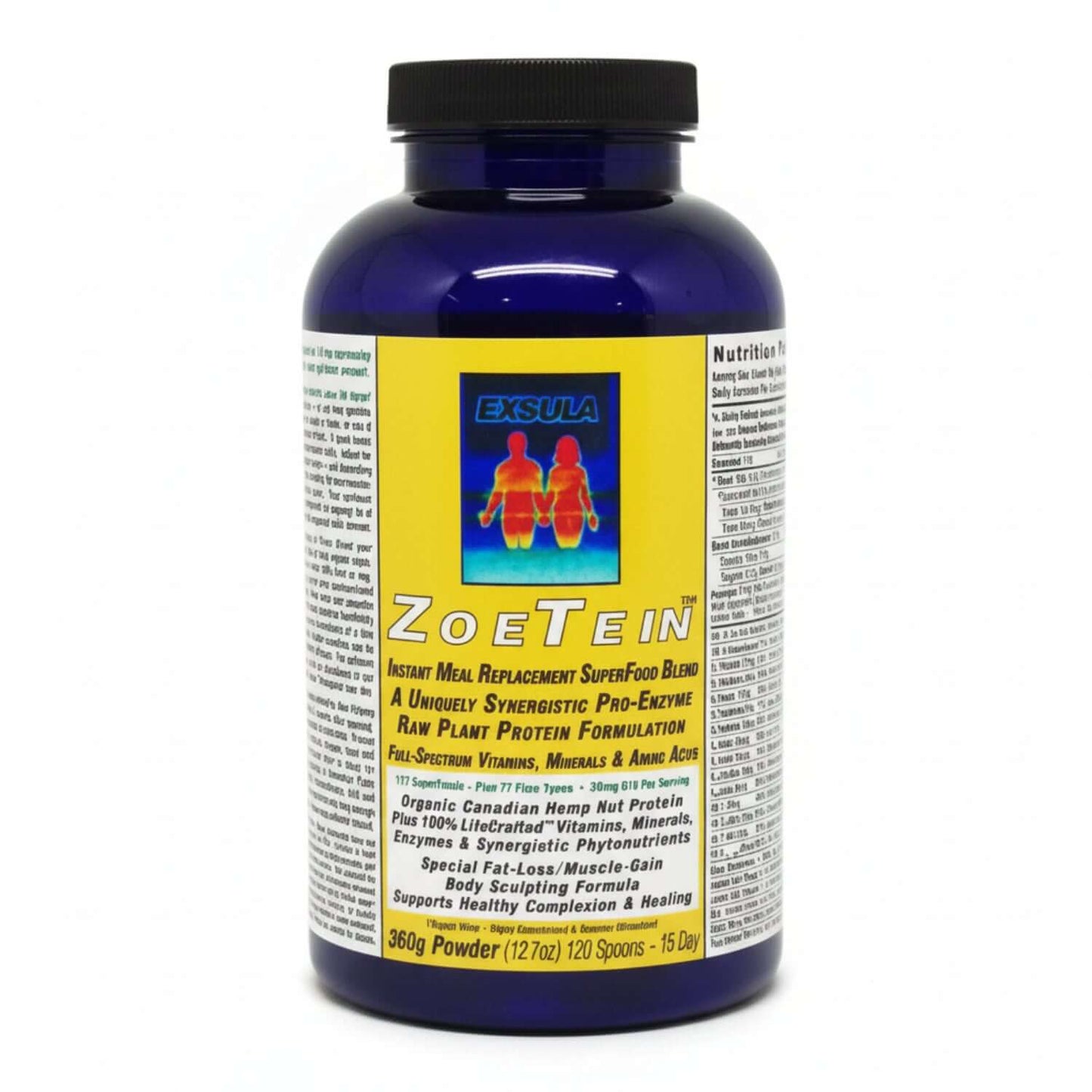 ZoeTein Protein Superfood bottle showcasing raw plant protein complex for optimal nutrition and health.