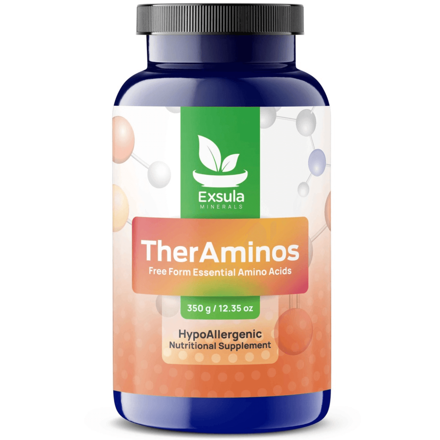 Exsula Minerals TherAminos essential amino acid complex in a blue bottle with a colorful label.