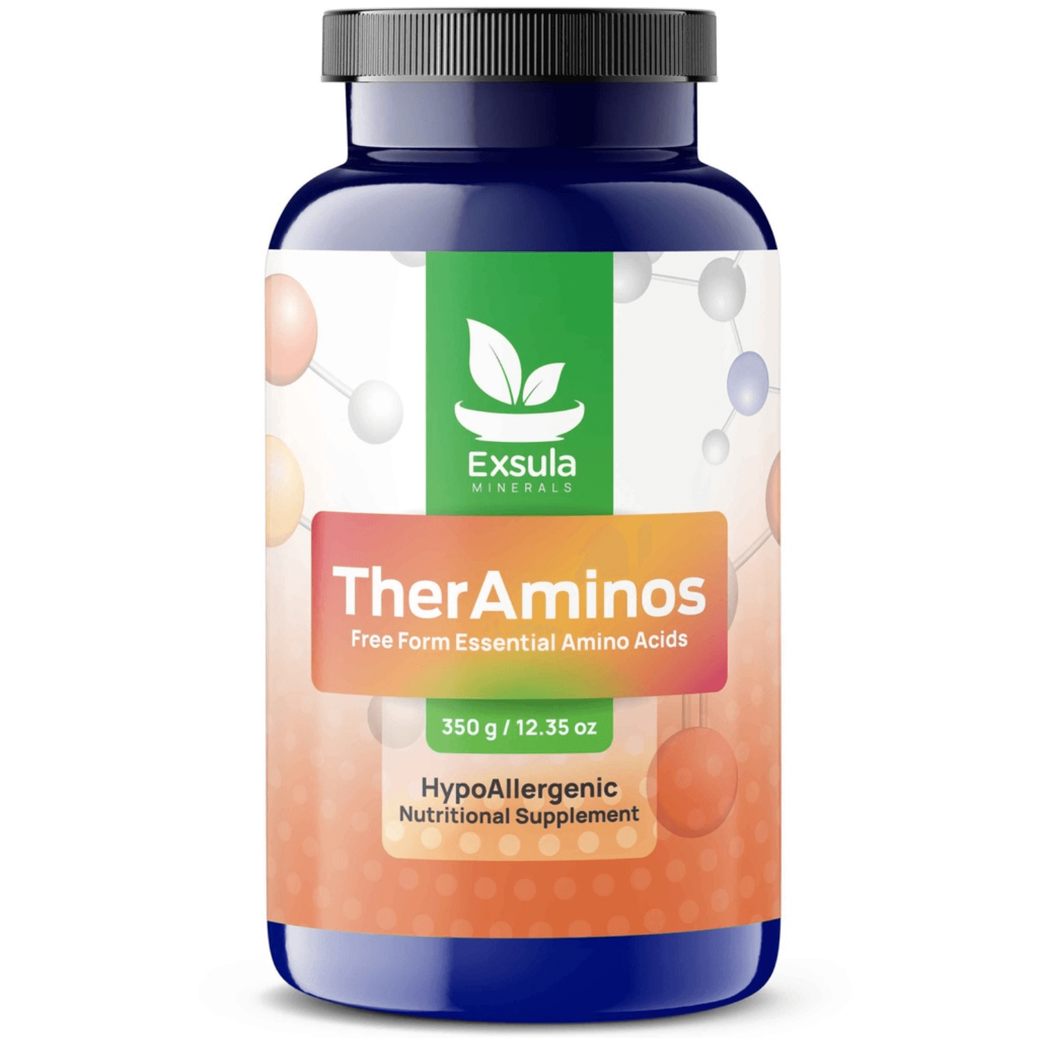 Exsula Minerals TherAminos essential amino acid complex in a blue bottle with a colorful label.