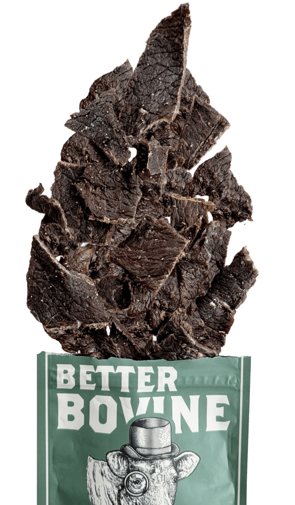Dark brown beef jerky slices piled on top of a green bag labeled 'BETTER BOVINE' with a cow illustration, isolated on a white background.