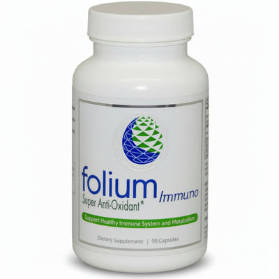Supplement bottle labeled 'folium Immuno Super Antioxidant' on a white background