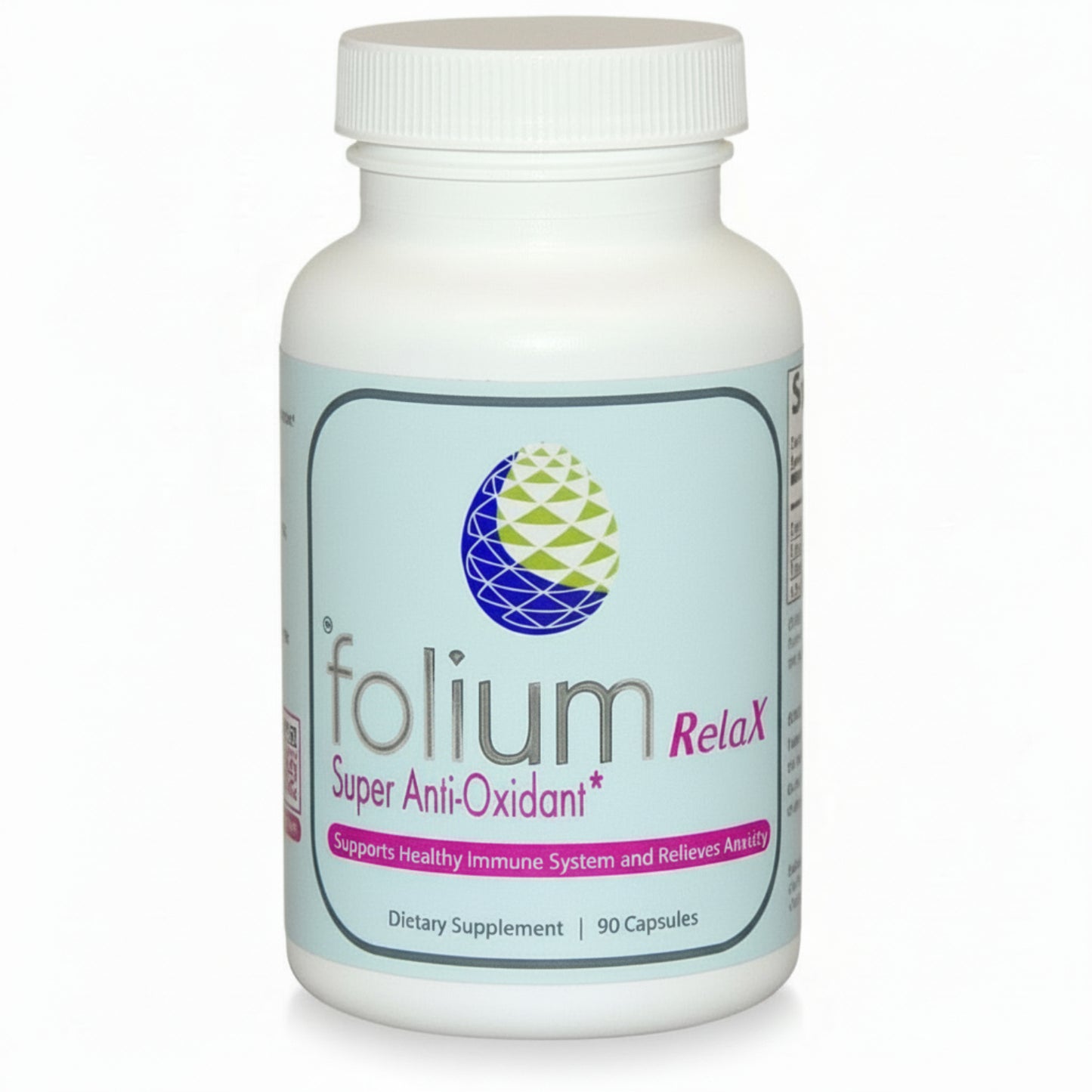 Supplement bottle labeled 'folium Relax Super Anti-Oxidant' on a white background