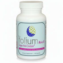 Supplement bottle labeled 'folium Relax Super Anti-Oxidant' on a white background