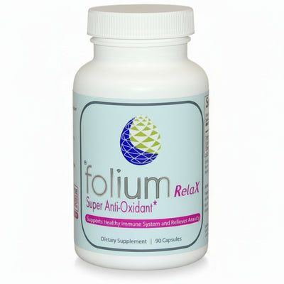 Supplement bottle labeled 'folium Relax Super Anti-Oxidant' on a white background