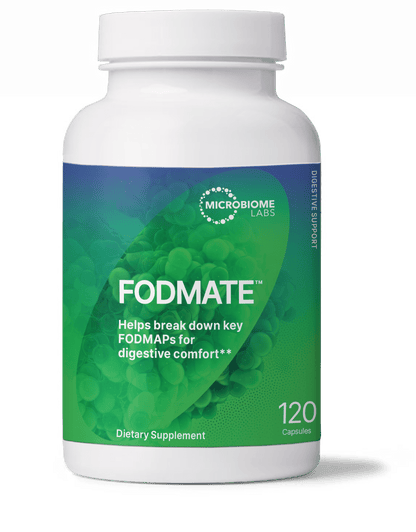 FodMate supplement bottle with inulinase alpha-galactosidase fructans for digestive support and comfort.