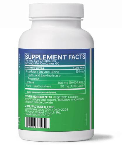 FodMate supplement bottle showing Inulinase, Alpha-galactosidase, Fructans and enzyme blend.