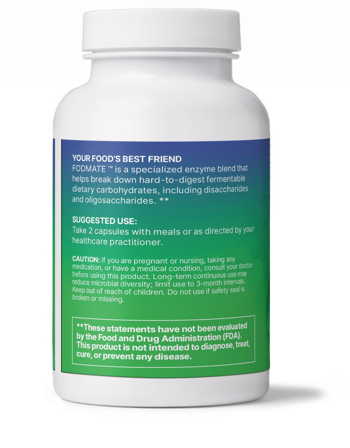 FodMate enzyme supplement bottle for digesting Inulinase Alpha-galactosidase Fructans and carbohydrates.