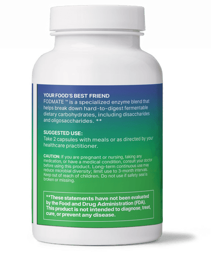 FodMate enzyme supplement bottle for digesting Inulinase Alpha-galactosidase Fructans and carbohydrates.