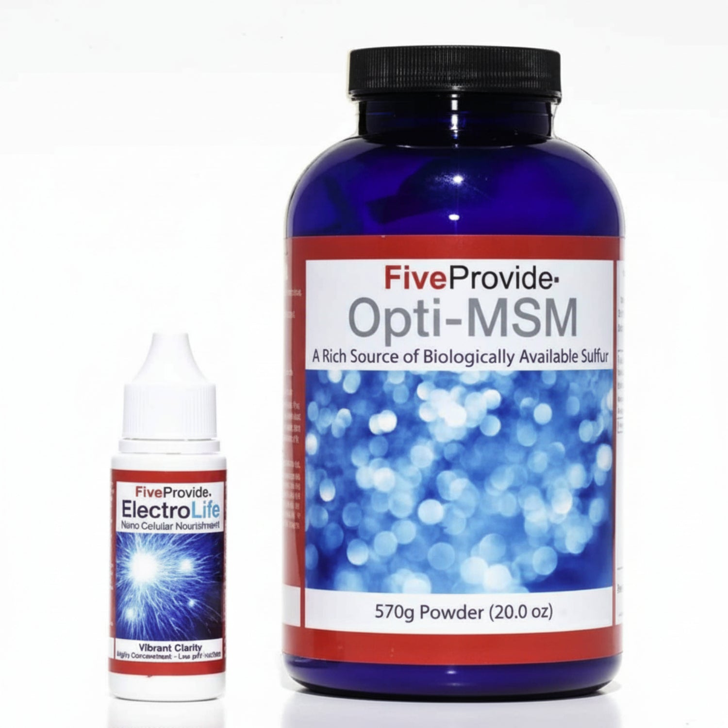 two products, small white dropper bottle of Five Provide ElectroLife nano cellular nourishment for vibrant clarity with image of white light exploding off blue background, other product is blue bottle with black lid of FiveProvide Opti-MSM, a rich source of biologically available sulfur 570g powder