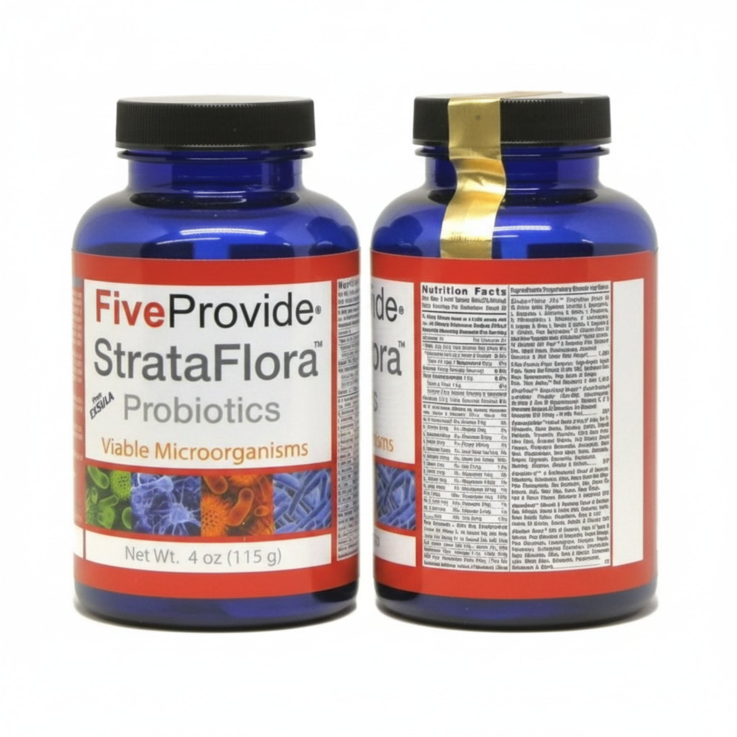 Two bottles of Five Provide StrataFlora Probiotics on a white background