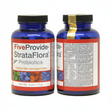 Two bottles of Five Provide StrataFlora Probiotics on a white background