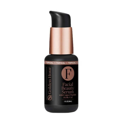 Facial Beauty Serum for Estrogen Deficient Skin in a sleek black bottle with rose gold accents.