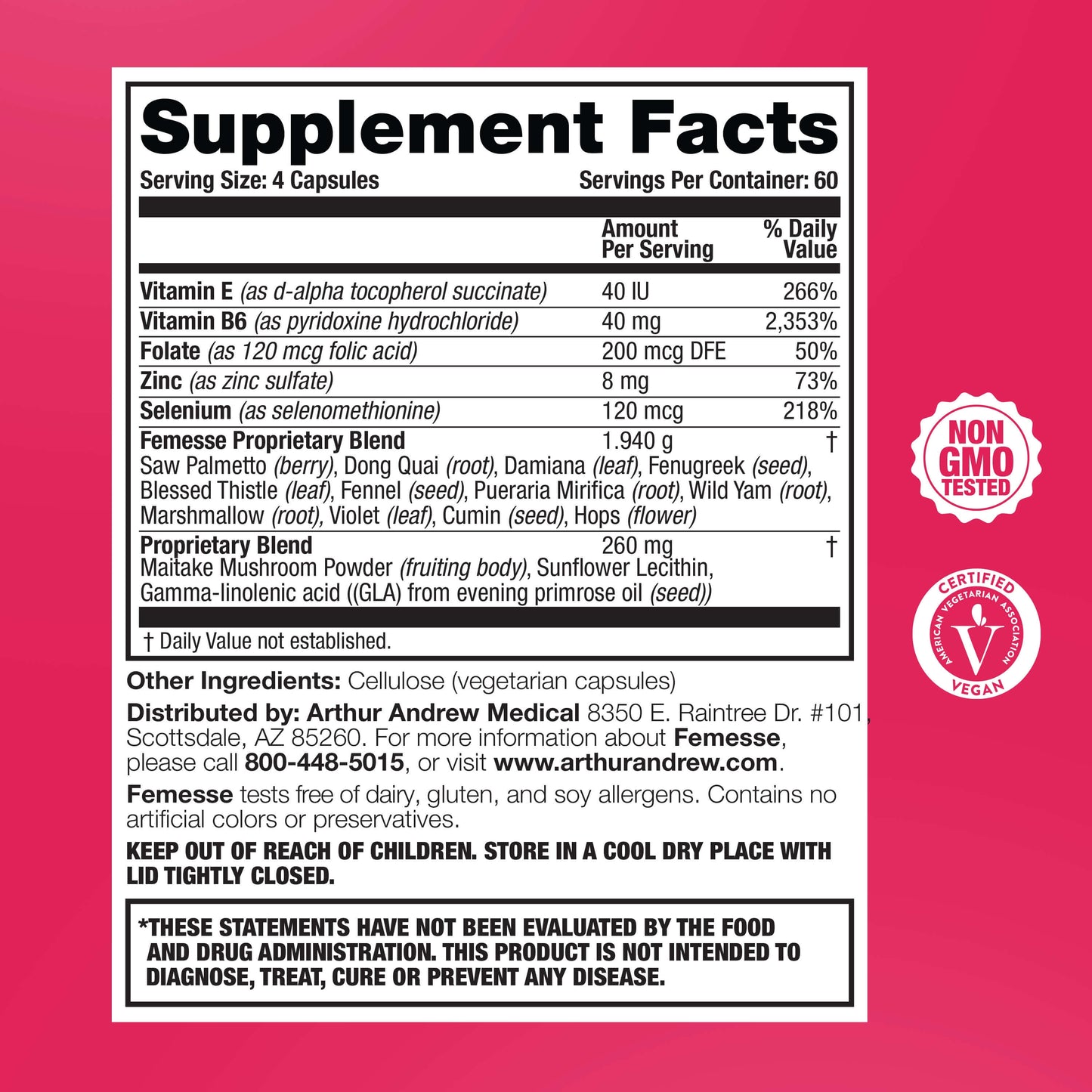Supplement facts for Femesse, a product for Natural Hormone Balance for Women, including vitamins and proprietary blend ingredients.