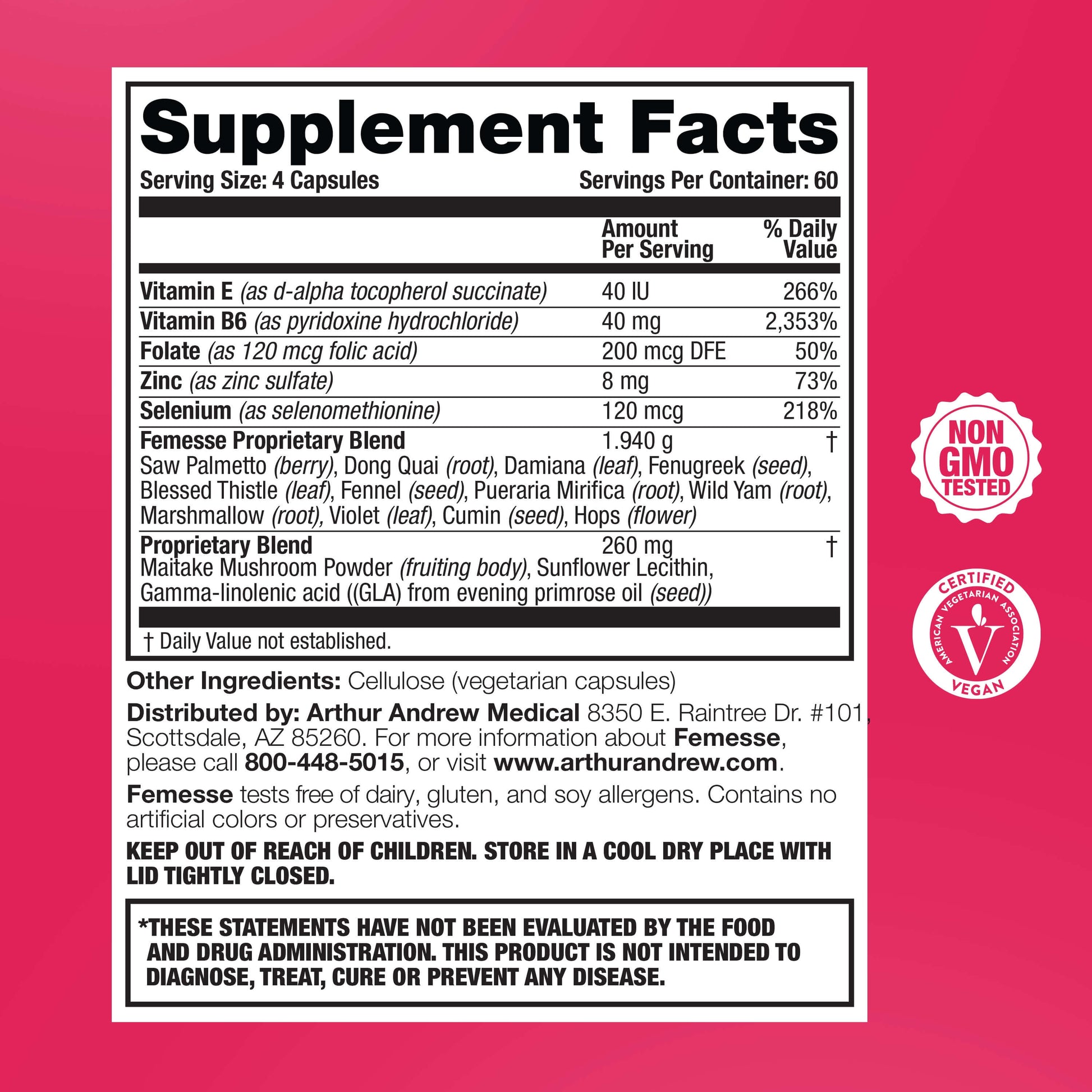 Supplement facts for Femesse, a product for Natural Hormone Balance for Women, including vitamins and proprietary blend ingredients.