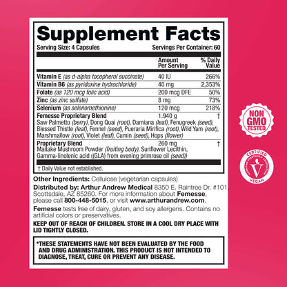 Supplement facts for Femesse, a product for Natural Hormone Balance for Women, including vitamins and proprietary blend ingredients.