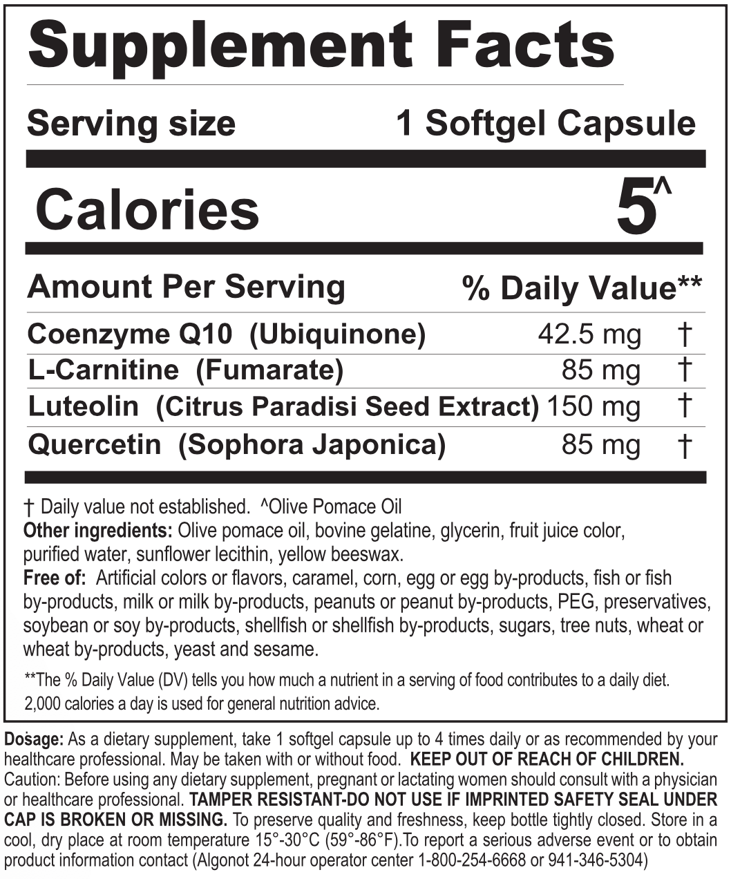 Nutritional label for FibroProtek with Coenzyme Q10, L-Carnitine, luteolin, and quercetin for neuromuscular support.