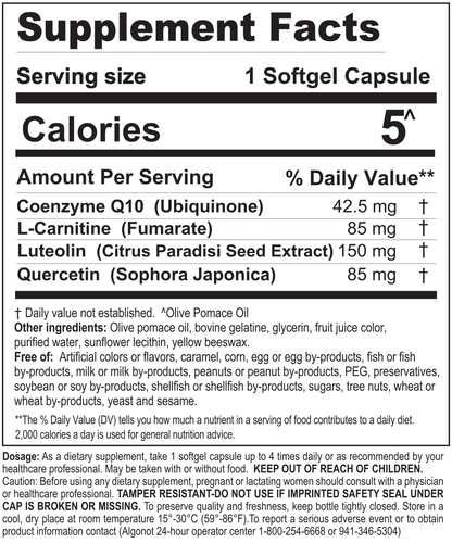 Nutritional label for FibroProtek with Coenzyme Q10, L-Carnitine, luteolin, and quercetin for neuromuscular support.