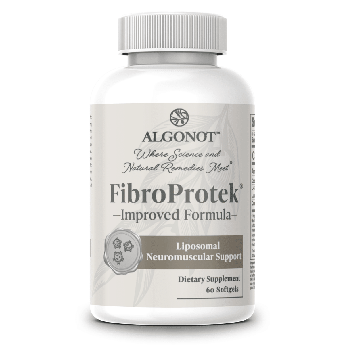 FibroProtek dietary supplement bottle promoting Neuromuscular Support with L-Carnitine and Coenzyme Q10