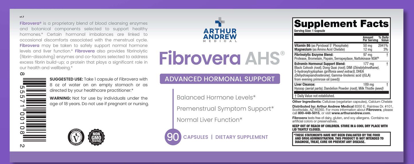 Fibrovera AHS Advanced Hormonal Support label, Natural Hormone Balance for Women, 90 capsules, dietary supplement.