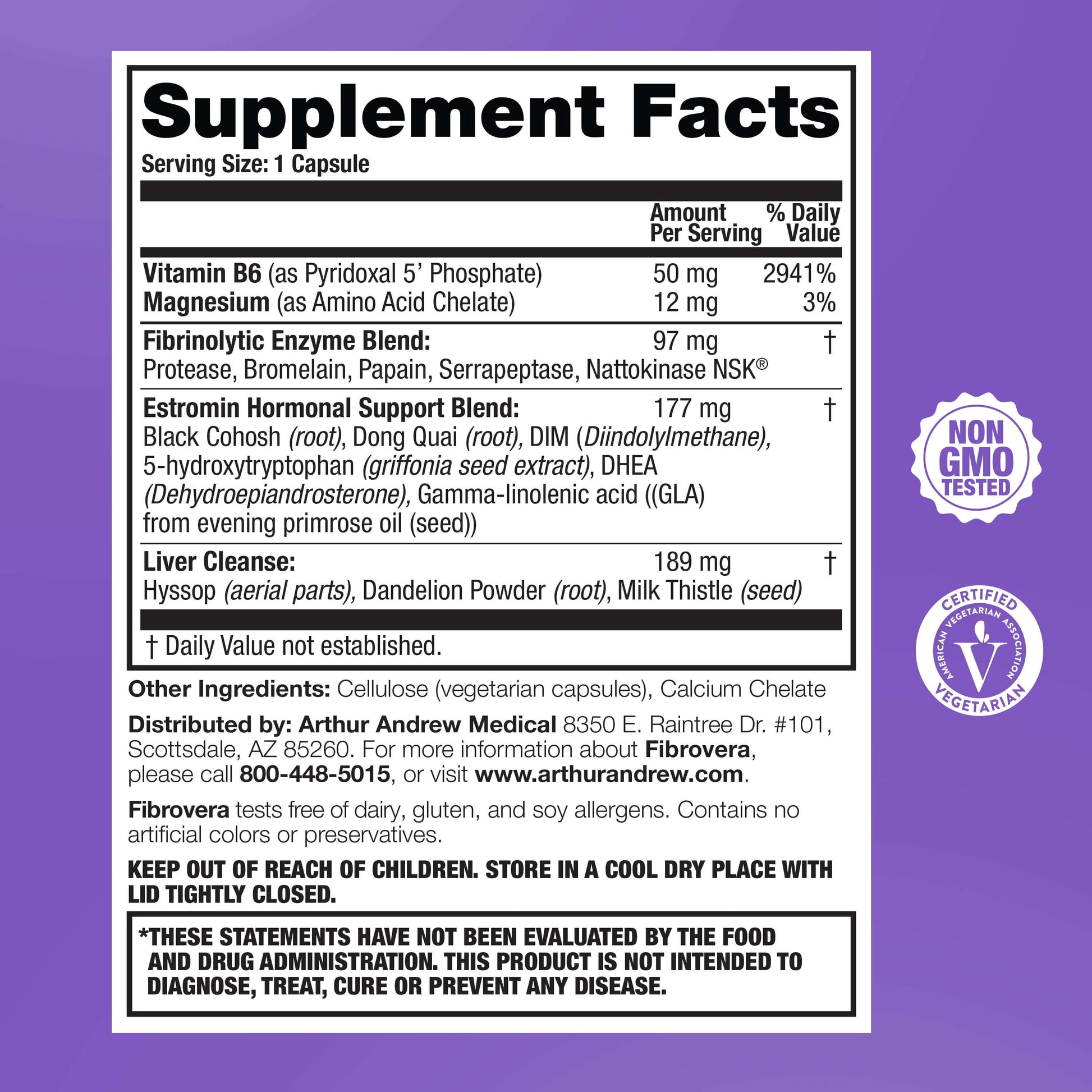 Supplement facts for Fibrovera highlighting natural hormone balance for women and key ingredients.