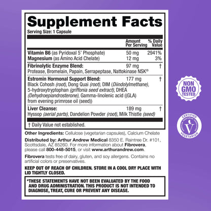 Supplement facts for Fibrovera highlighting natural hormone balance for women and key ingredients.