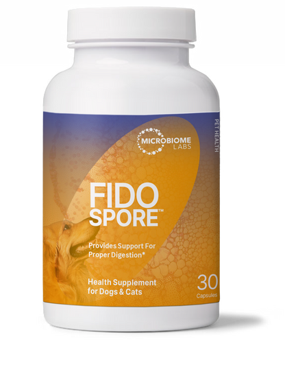 FidoSpore from Microbiome Labs health supplement for dogs and cats in capsule form, supports proper digestion.