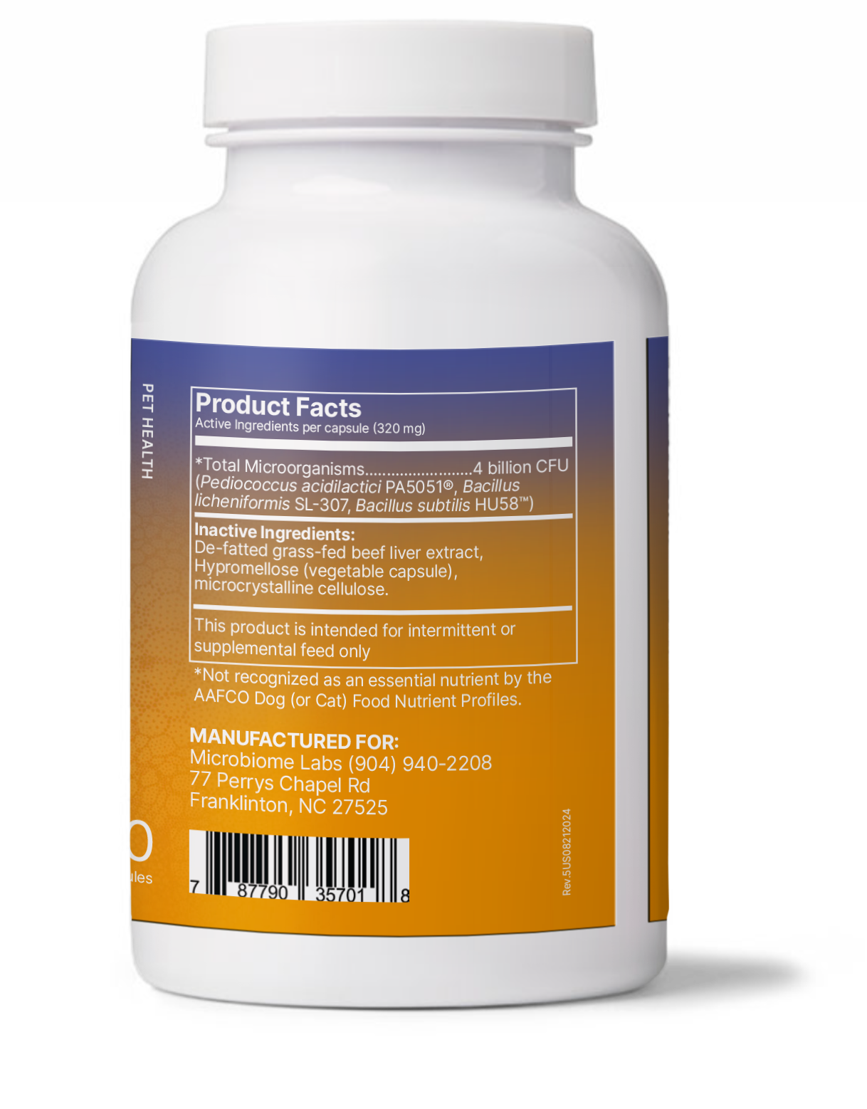 FidoSpore from Microbiome Labs product facts label showing spore based probiotics for dogs and cats.