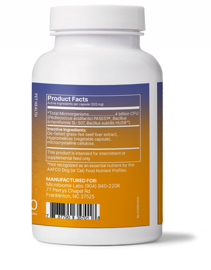 FidoSpore from Microbiome Labs product facts label showing spore based probiotics for dogs and cats.