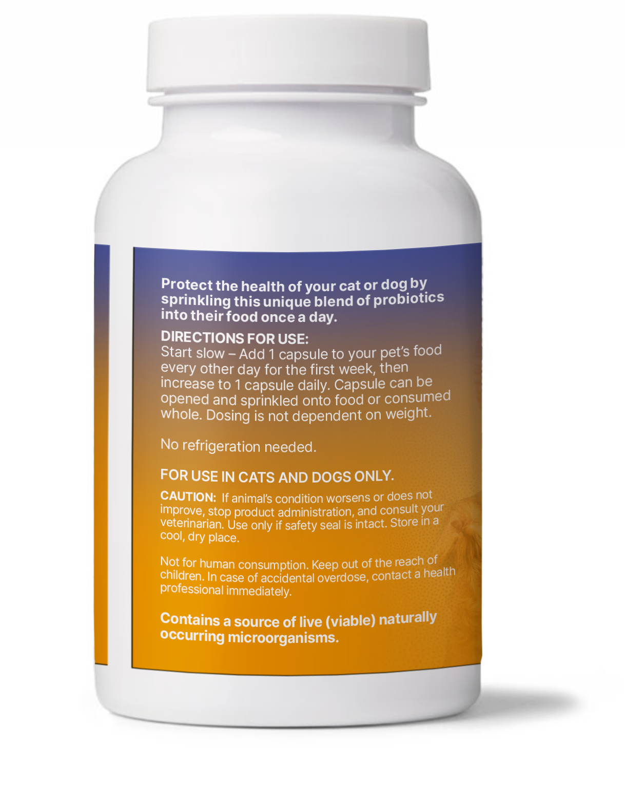 FidoSpore from Microbiome Labs probiotic supplement bottle with usage instructions for dogs and cats.