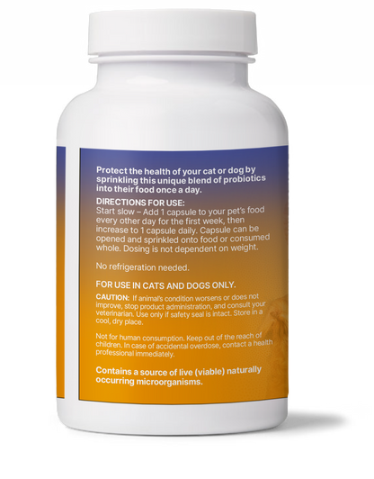 FidoSpore from Microbiome Labs probiotic supplement bottle with usage instructions for dogs and cats.