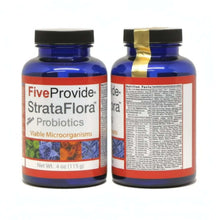 Two bottles of Five Provide StrataFlora Probiotics on a white background