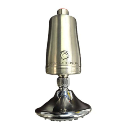 Metallic shower head with 'NaturalAction.com' branding on a white background