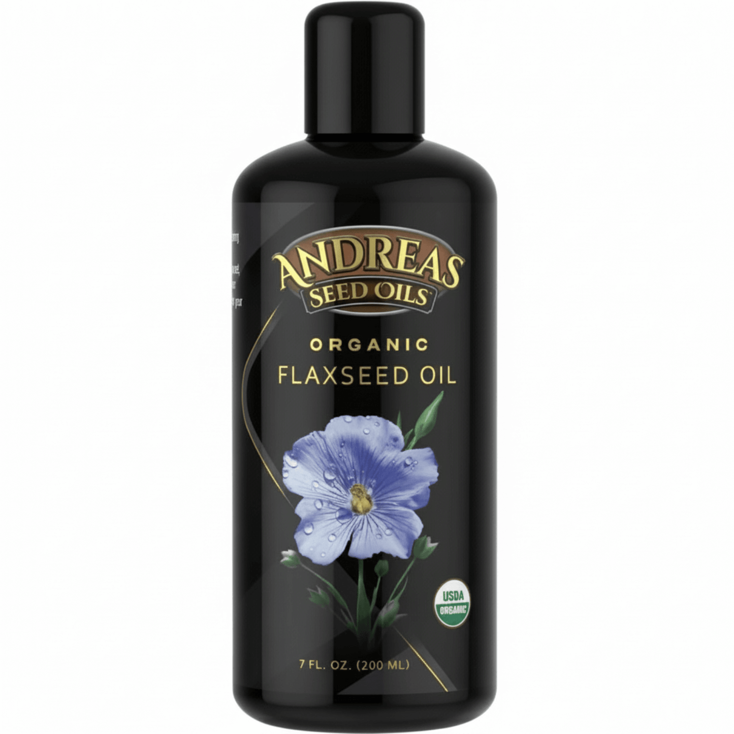 Cold Pressed Flax Oil by Andreas Seed Oils in a 7 fl. oz black bottle with a blue flower design.