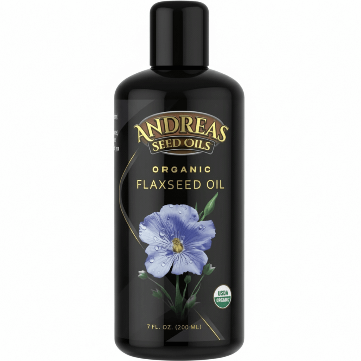 Cold Pressed Flax Oil by Andreas Seed Oils in a 7 fl. oz black bottle with a blue flower design.