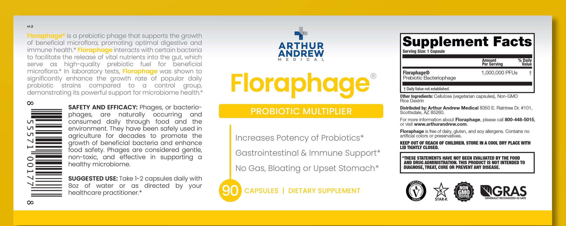 Floraphage - Bacteriophage Prebiotic label showcasing probiotic multiplier, 90 capsules, dietary supplement facts.