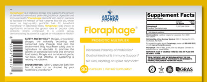 Floraphage - Bacteriophage Prebiotic label showcasing probiotic multiplier, 90 capsules, dietary supplement facts.