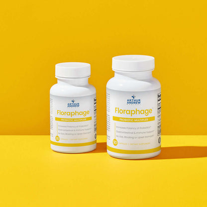Floraphage - Bacteriophage Prebiotic bottles on a yellow background, a dietary supplement for digestive health.