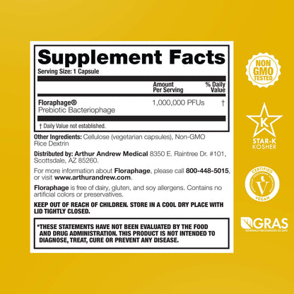 Supplement facts for Floraphage - Bacteriophage Prebiotic showing serving size and ingredients.