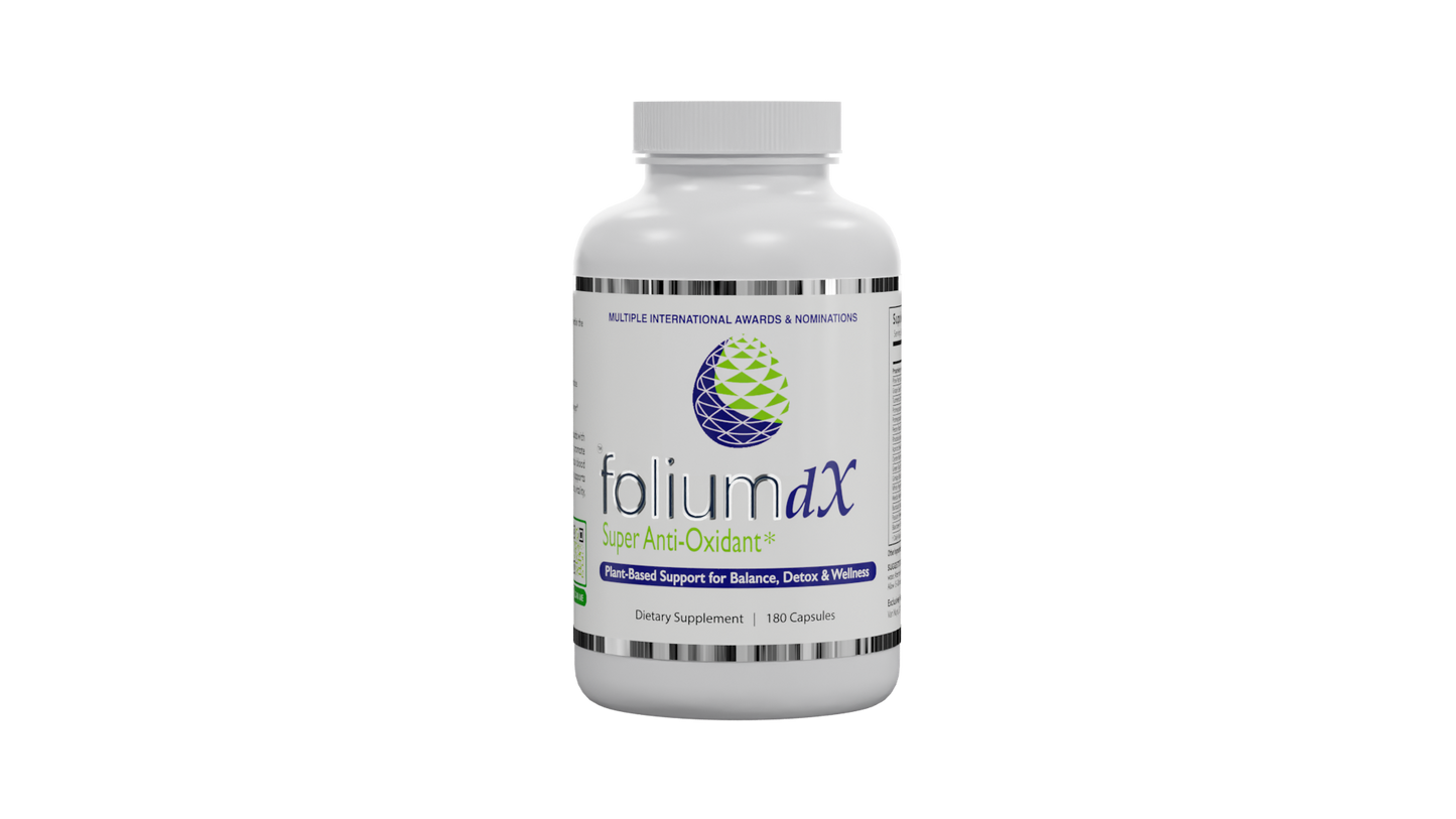 A white bottle of folium dX Super Anti-Oxidant dietary supplement capsules, centered on a plain white background.