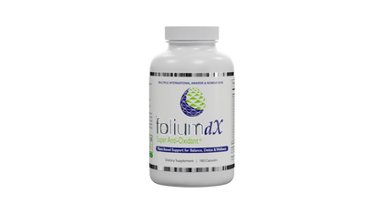A white bottle of folium dX Super Anti-Oxidant dietary supplement capsules, centered on a plain white background.