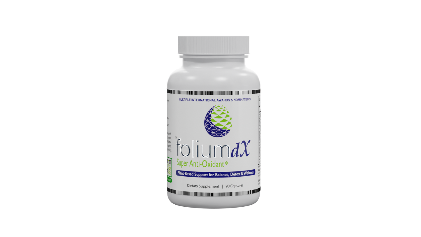 A white bottle of folium dX Super Anti-Oxidant dietary supplement with a white cap, shown on a plain white background.
