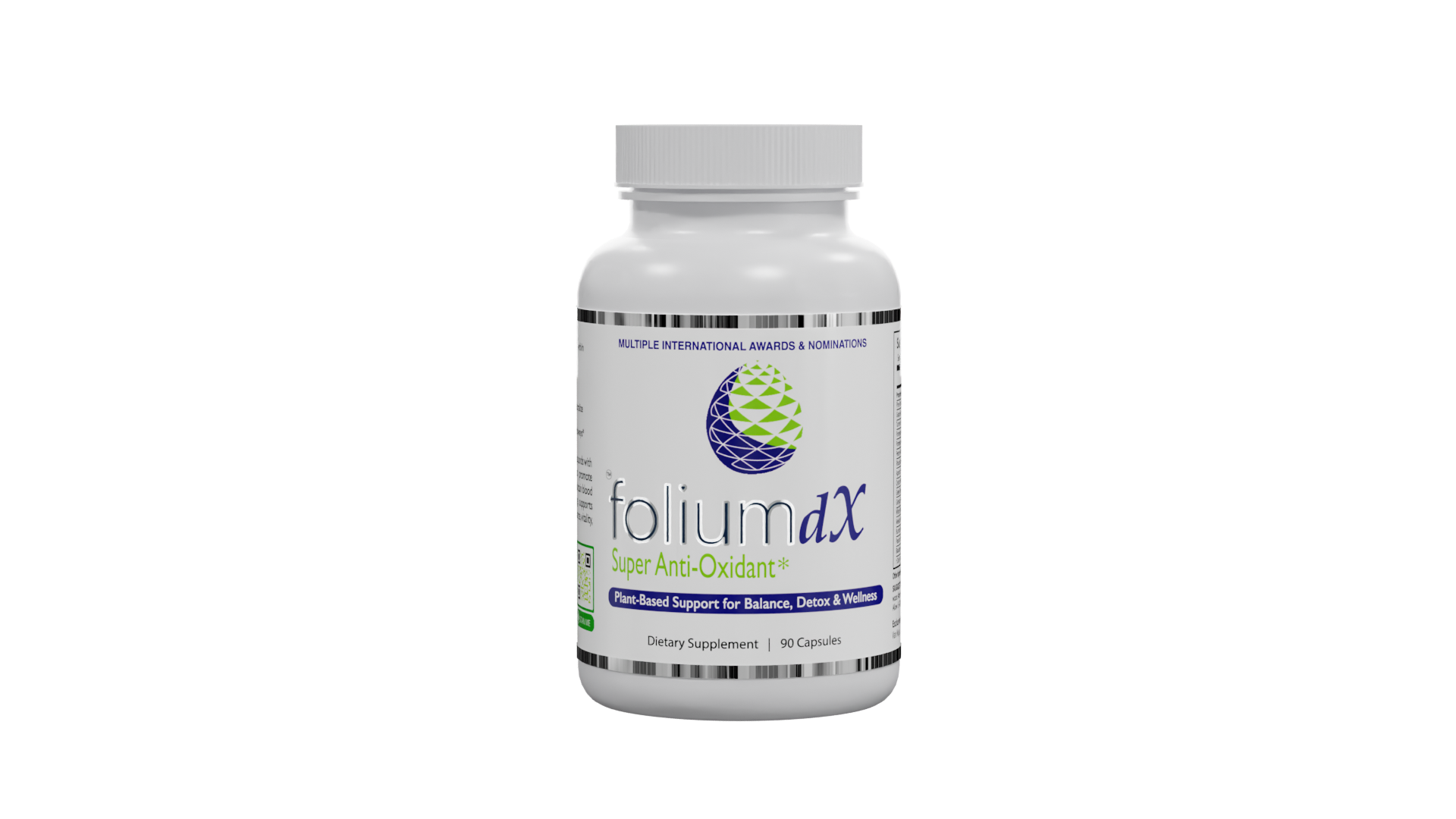 A white bottle of folium dX Super Anti-Oxidant dietary supplement with a white cap, shown on a plain white background.