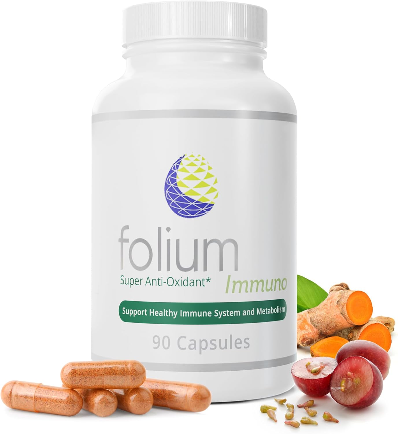 Folium Immuno supplement bottle with capsules and health ingredients on a white background