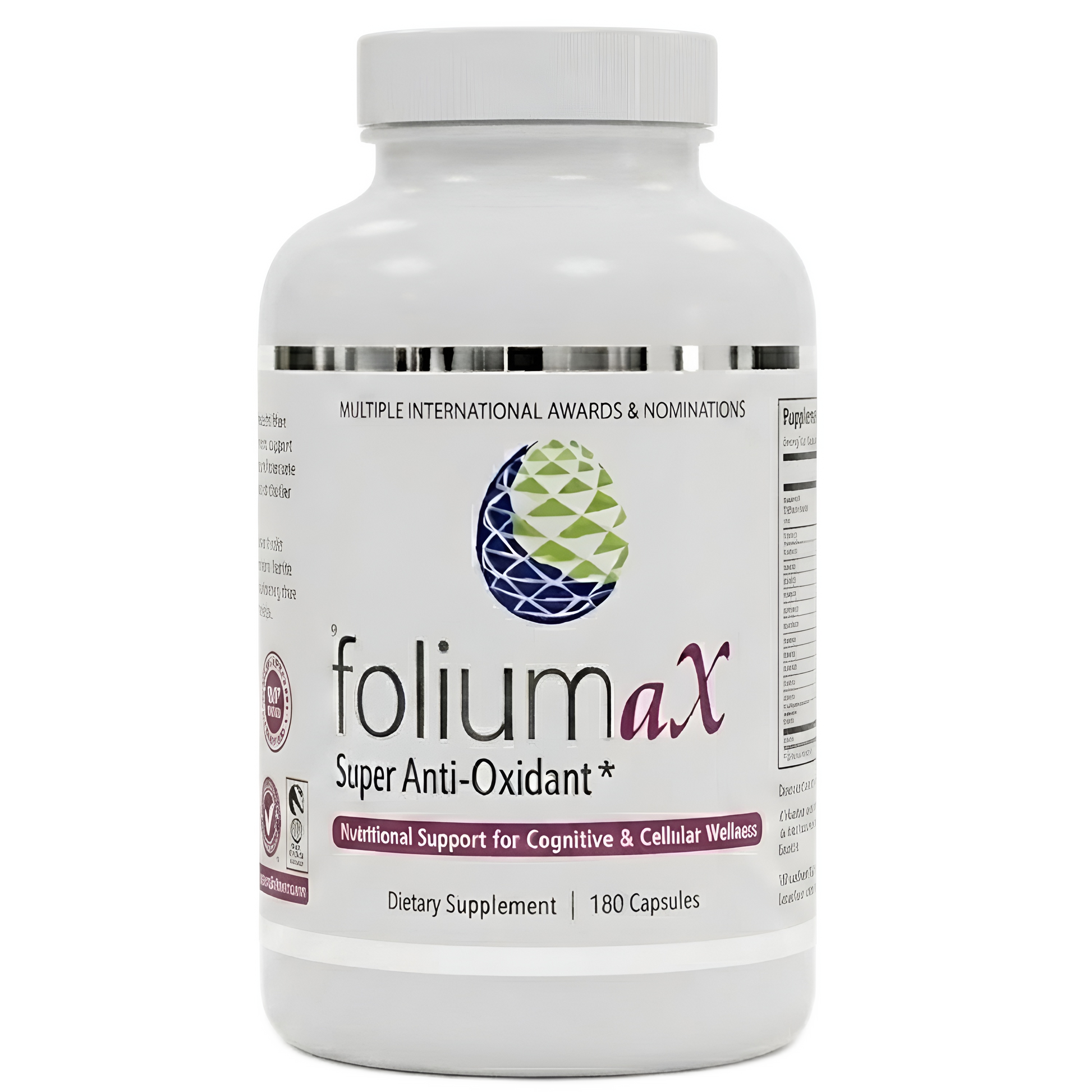 A white bottle of folium aX dietary supplement with a white cap, featuring a label with green and purple accents, on a plain white background.