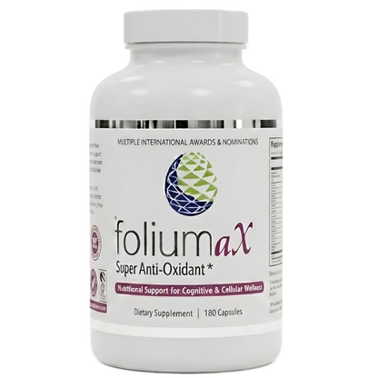 A white bottle of folium aX dietary supplement with a white cap, featuring a label with green and purple accents, on a plain white background.