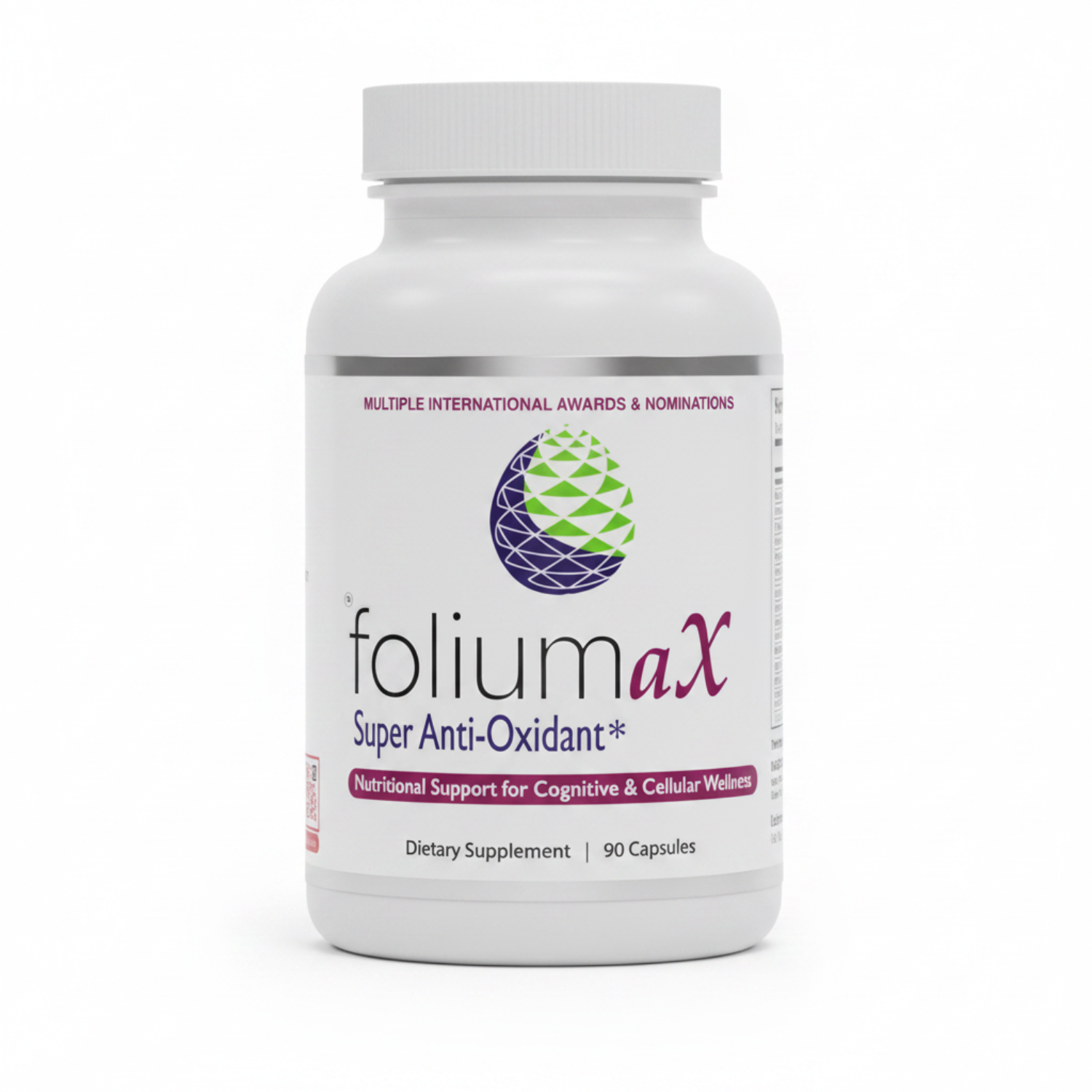 A white plastic bottle of folium aX dietary supplement with a white cap, featuring a label with a green and purple geometric logo and text, set against a black and white checkered background.