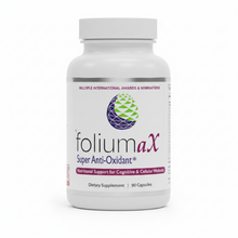 A white plastic bottle of folium aX dietary supplement with a white cap, featuring a label with a green and purple geometric logo and text, set against a black and white checkered background.