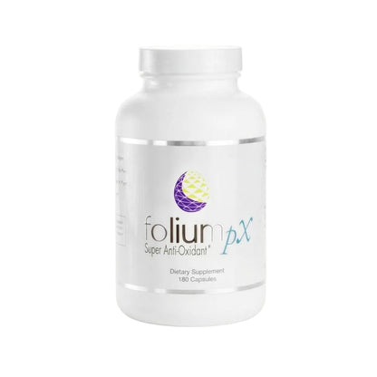 A white plastic bottle of folium px Super Anti-Oxidant dietary supplement with a white cap, set against a solid light beige background.