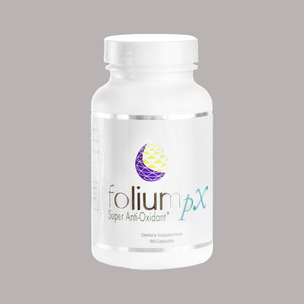 Supplement bottle labeled 'folium px' on a gray background